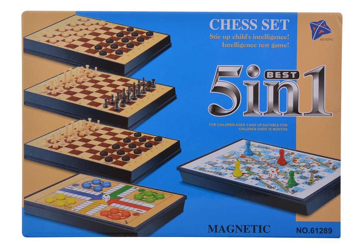 5 In 1 Board Game Set- Chess, Checkers, Snake & Ladder, Ludo