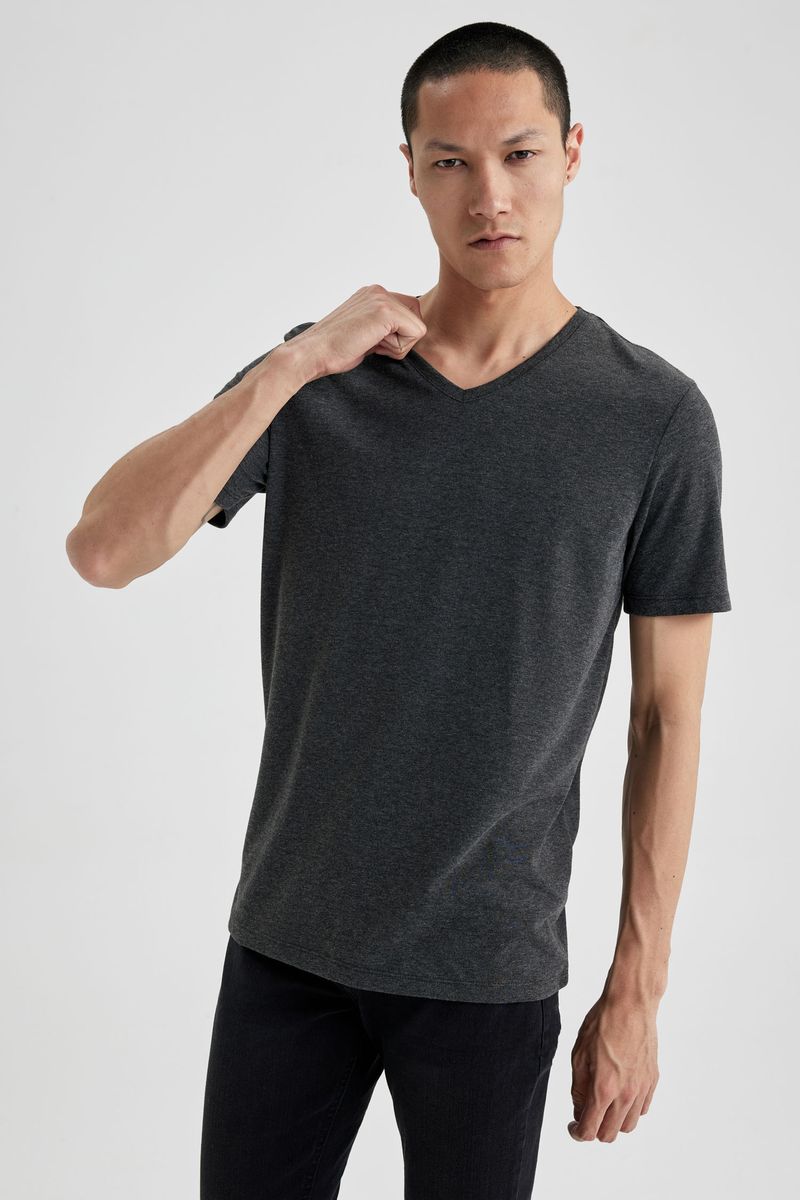 Man Slim Fit Knitted T-Shirt - Anthracite