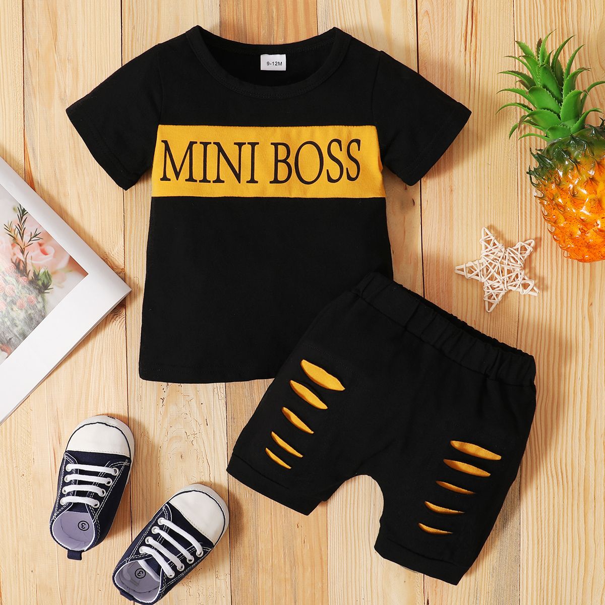 Baby Boys Summer Streetwear MINI BOSS Design Short Sleeves T-shirt + Fashion Ripped Shorts