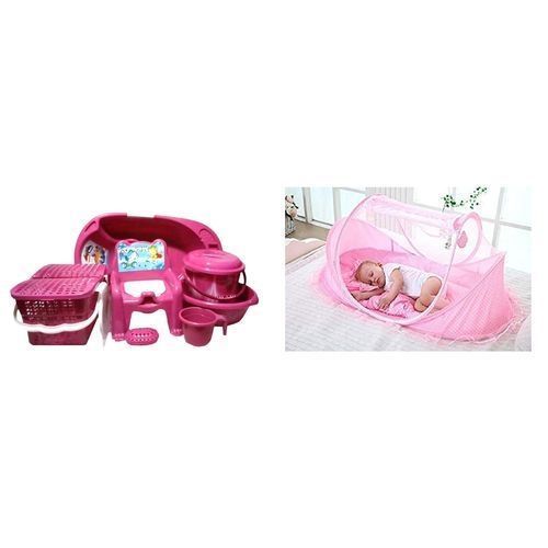 Baby Bath Set 7pcs - Pink+ Pop Up Baby Bed Net - Pink