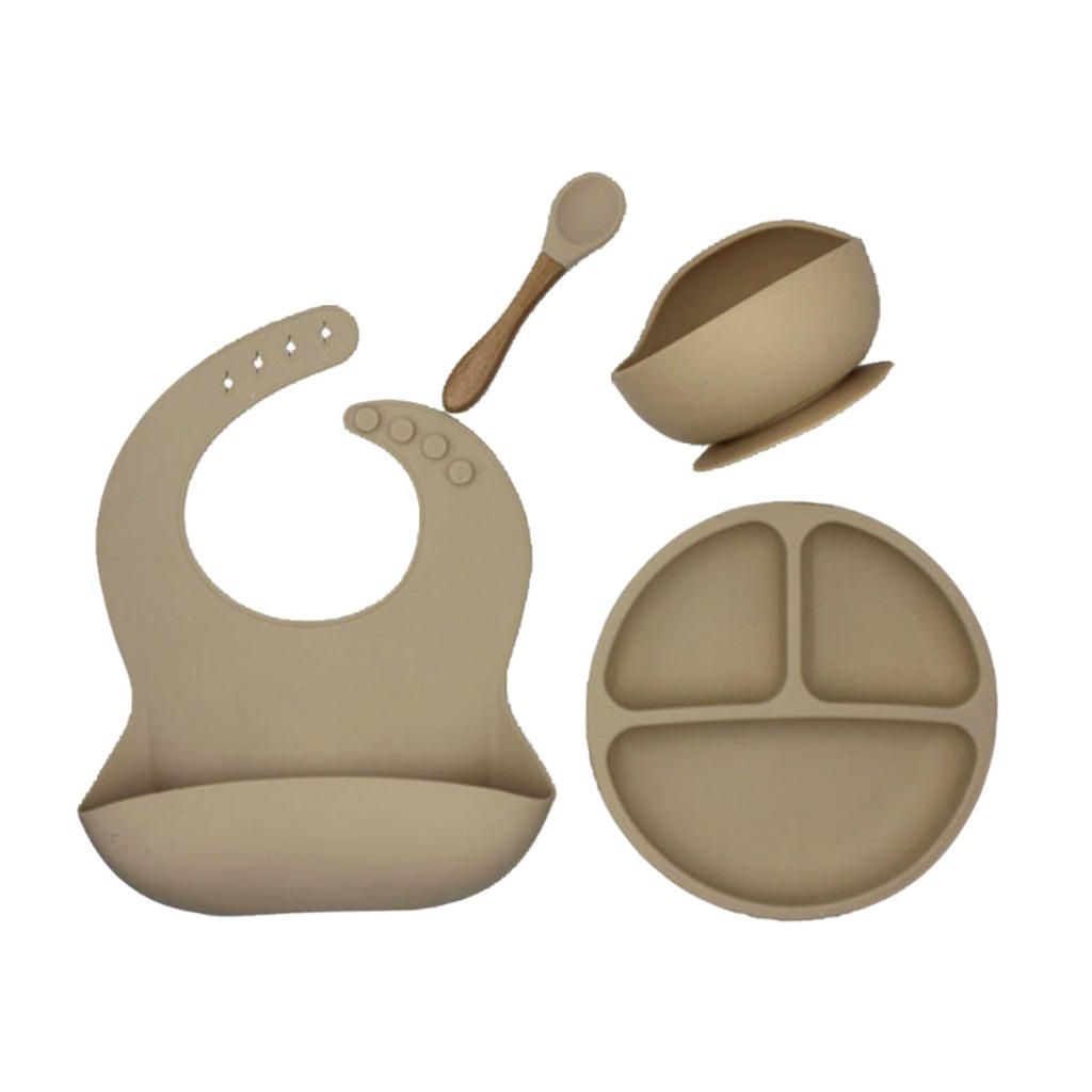4pcs Waterproof Silicone Complete Baby Feeding Set Easily Wipe Camel
