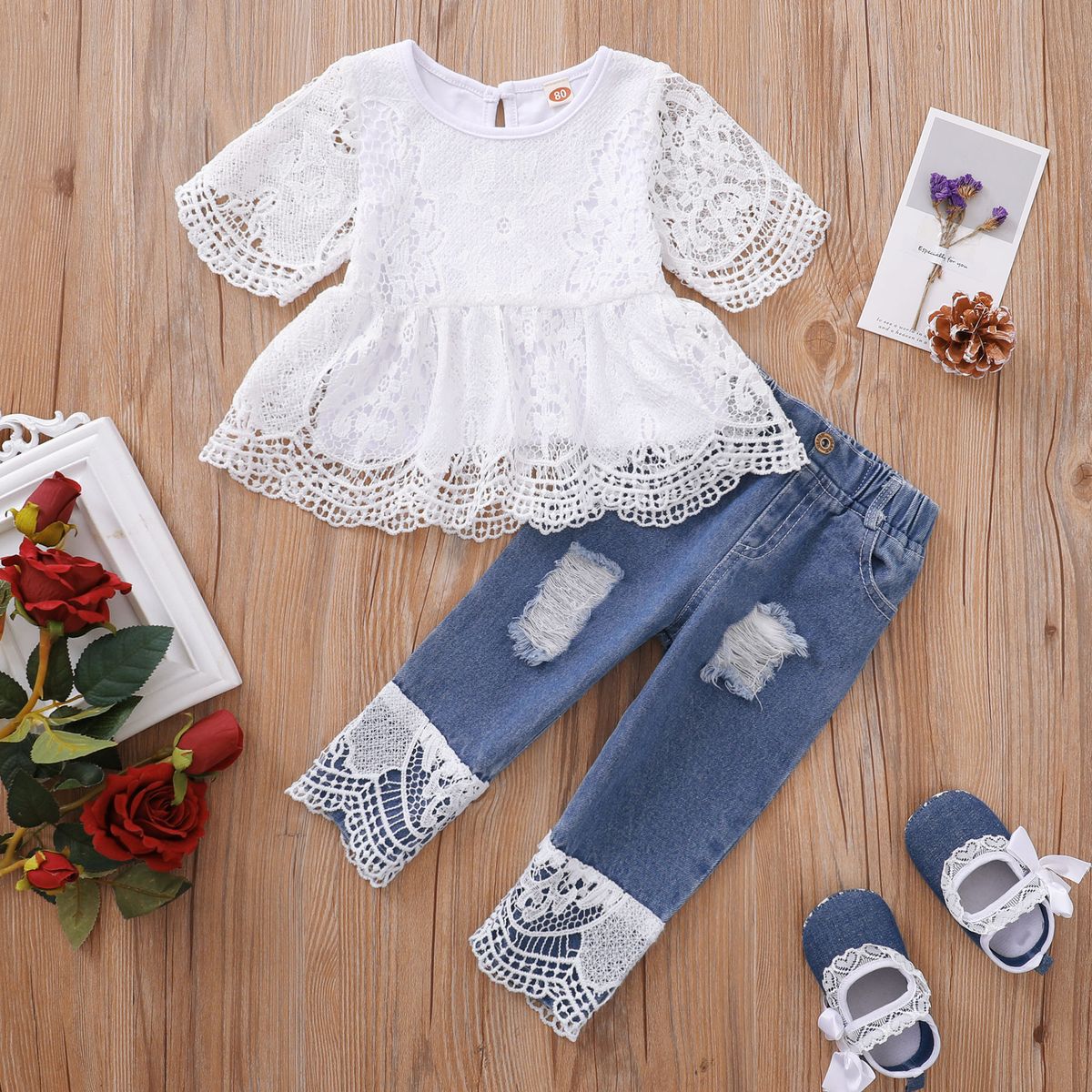 Baby Girls Gorgeous Lace Patchwork Blouse With Ripped Holes Jeans