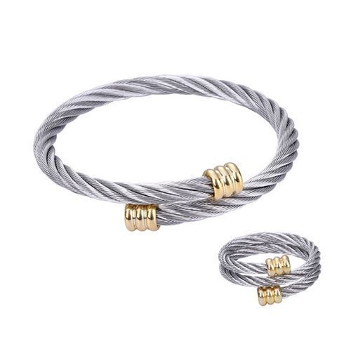 2 In 1 SterlingSilver Twisted Bangle Cuff Bracelet & Adjustable Ring