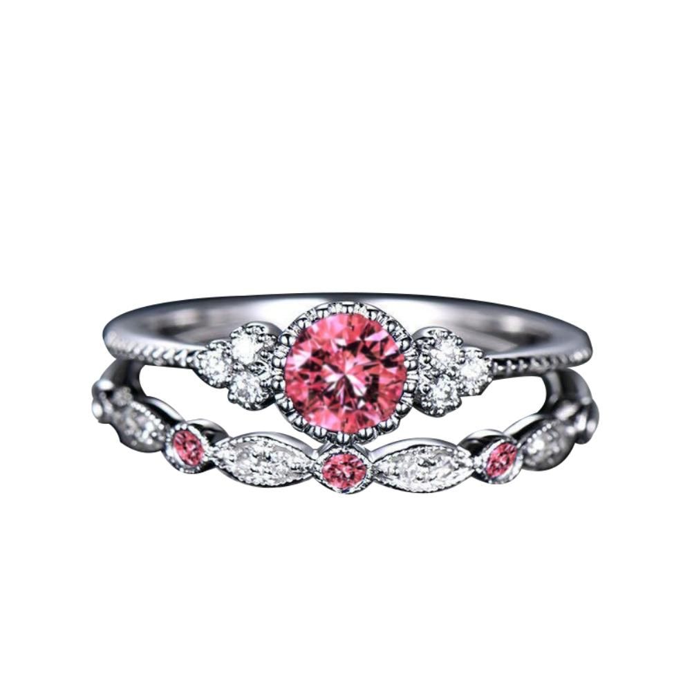 2Pcs/Set Women Cubic Zirconia Inlaid Stackable Finger-Pink