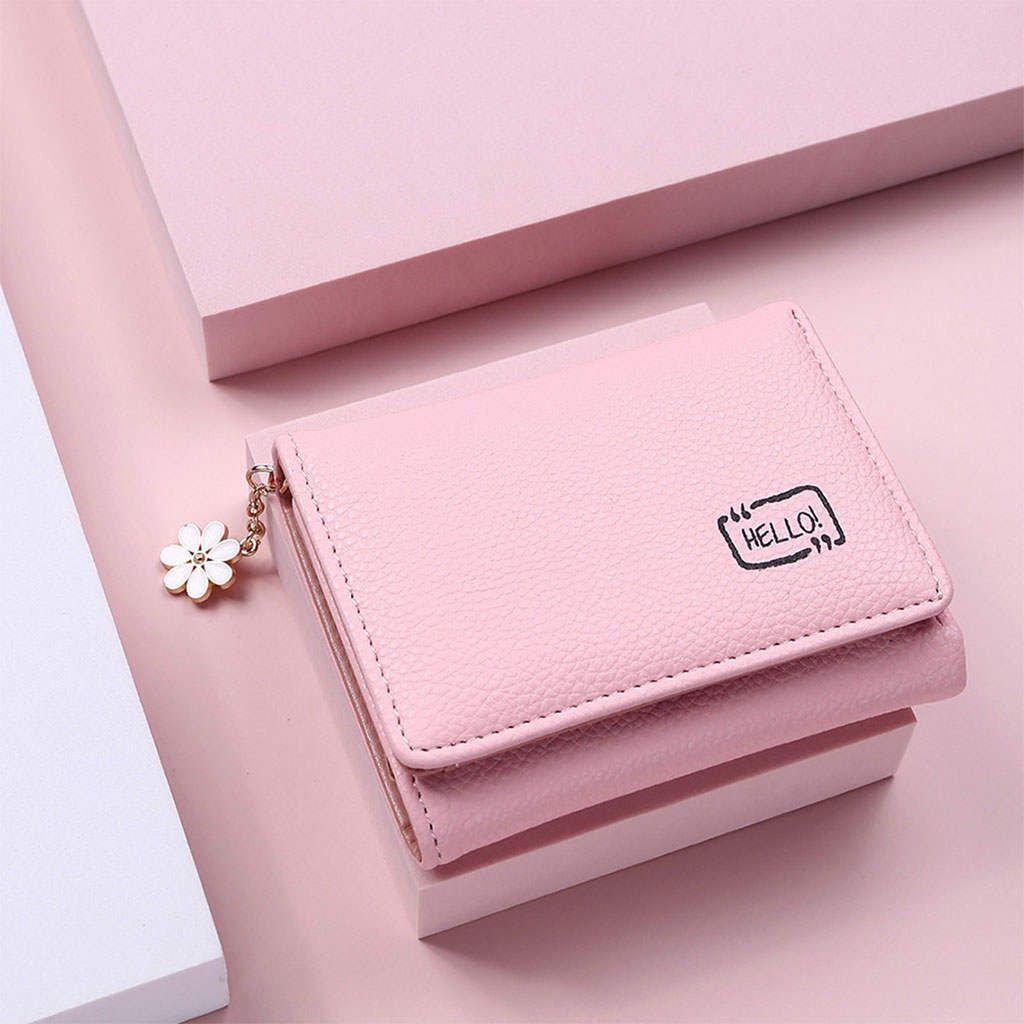 Women Ladies Wallet Mini Bifold Change Pouch PU Leather Compact Pink