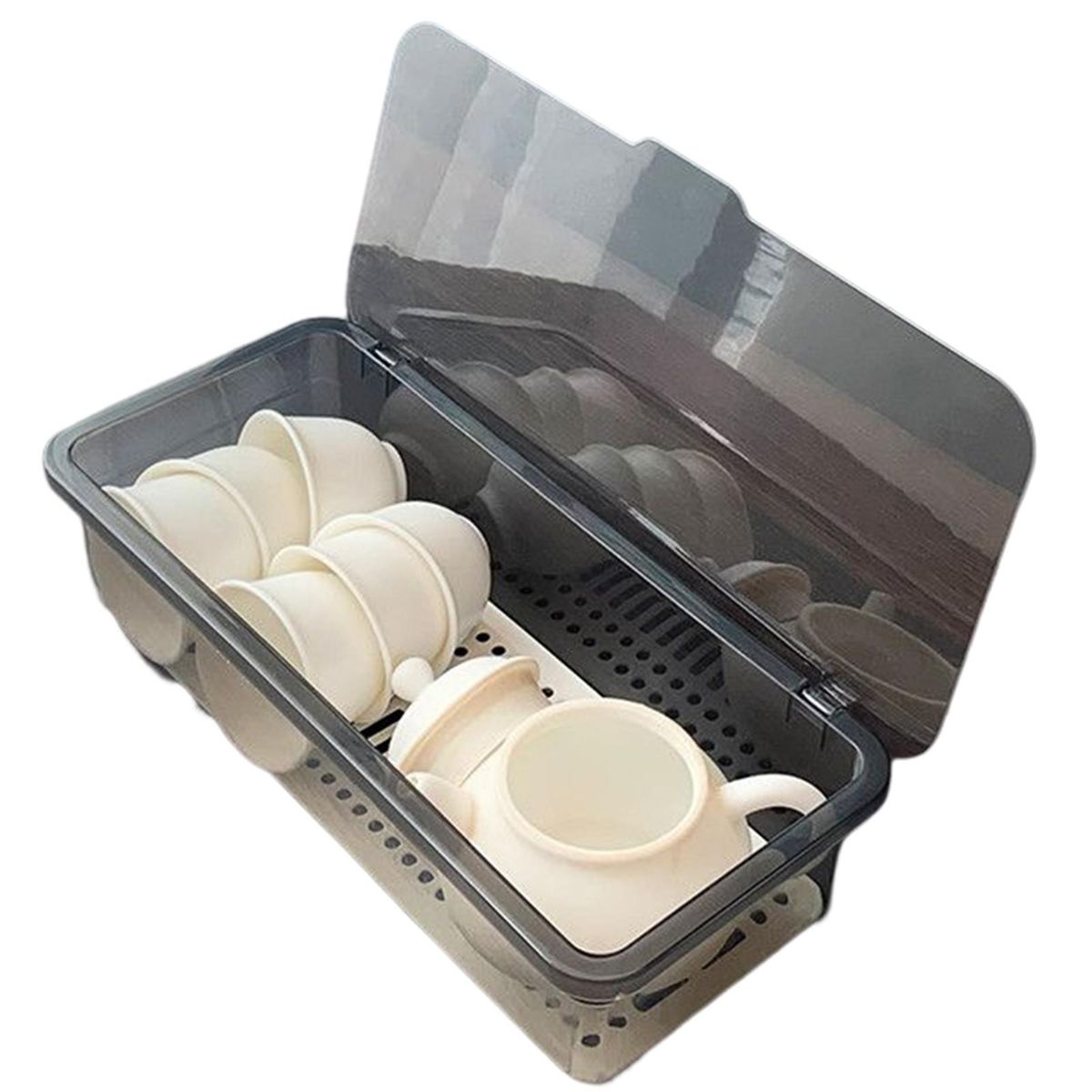 Tea Set Storage Box Transparent Cutlery Tray With Lid