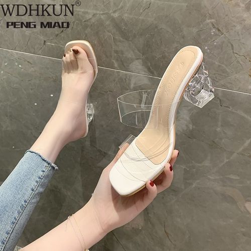 Thick Square Low Heels Shoes Woman Transparent Sandals Plus Size 42/43 Ladies