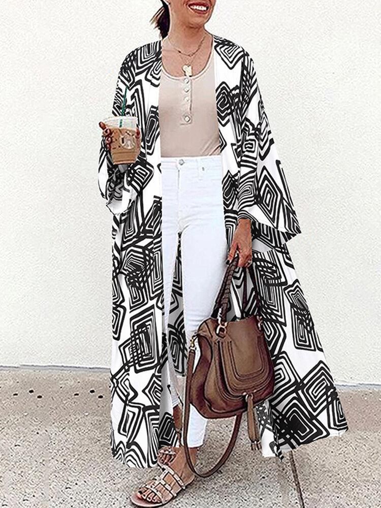 Geo Print Loose Open Front Long Sleeve Bohemian Cardigan