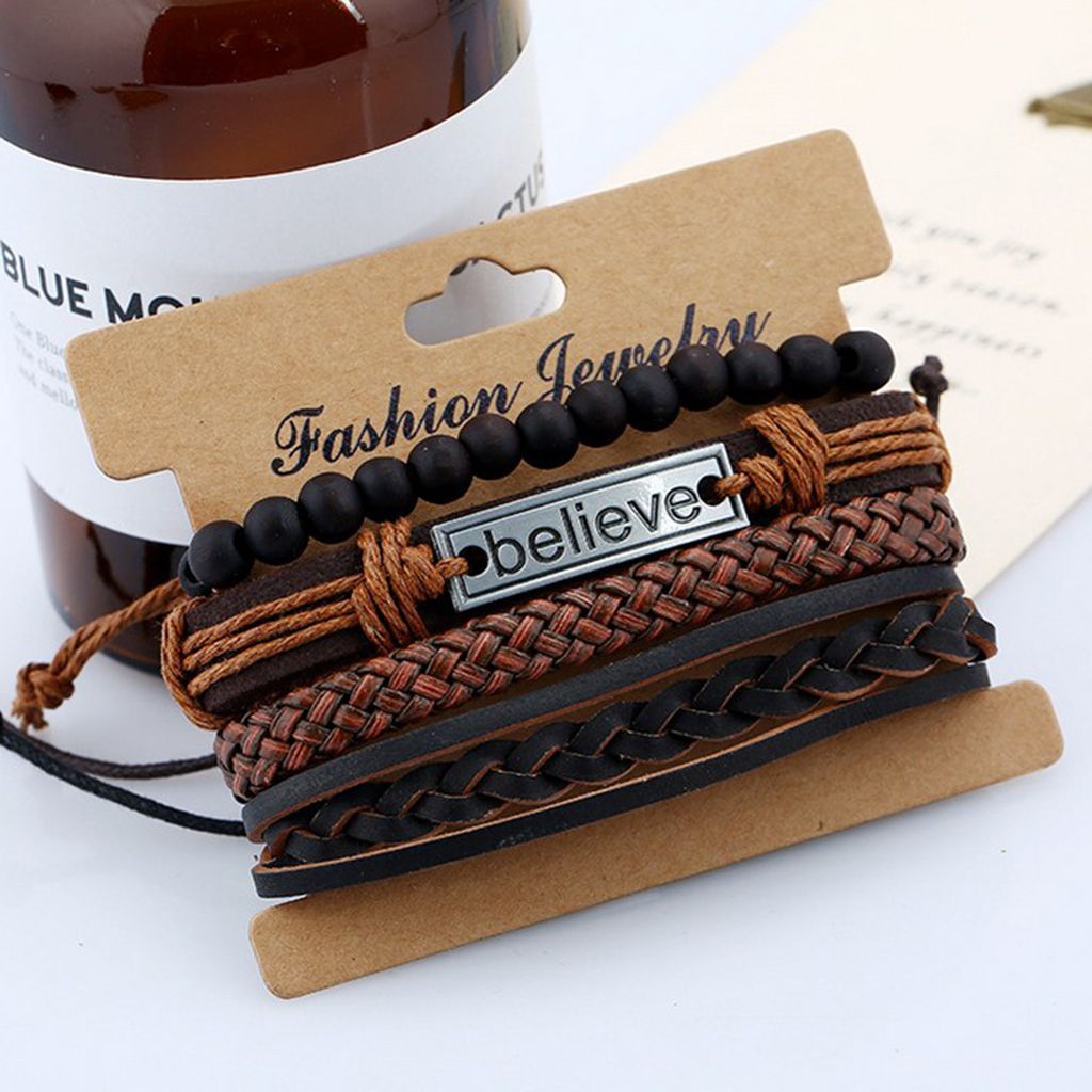 4Pcs PU Leather Mens Bracelets Multilayer Rope BELIEVE Bracelet Braided