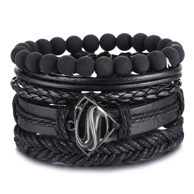 Multi-layers Vintage Hollow Triangle Leather Bracelate-Black