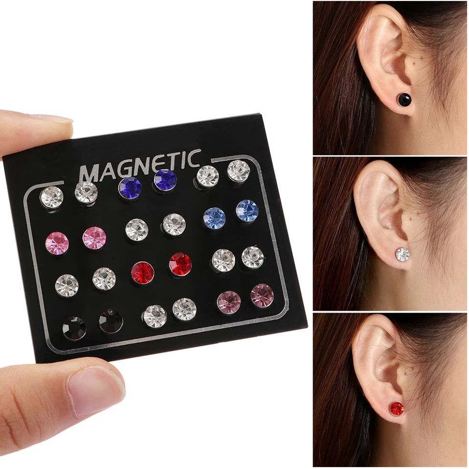 12 Pairs Multicolour Magnetic Round Crystal Rhinestone Men Women Unisex Earrings No Piercing