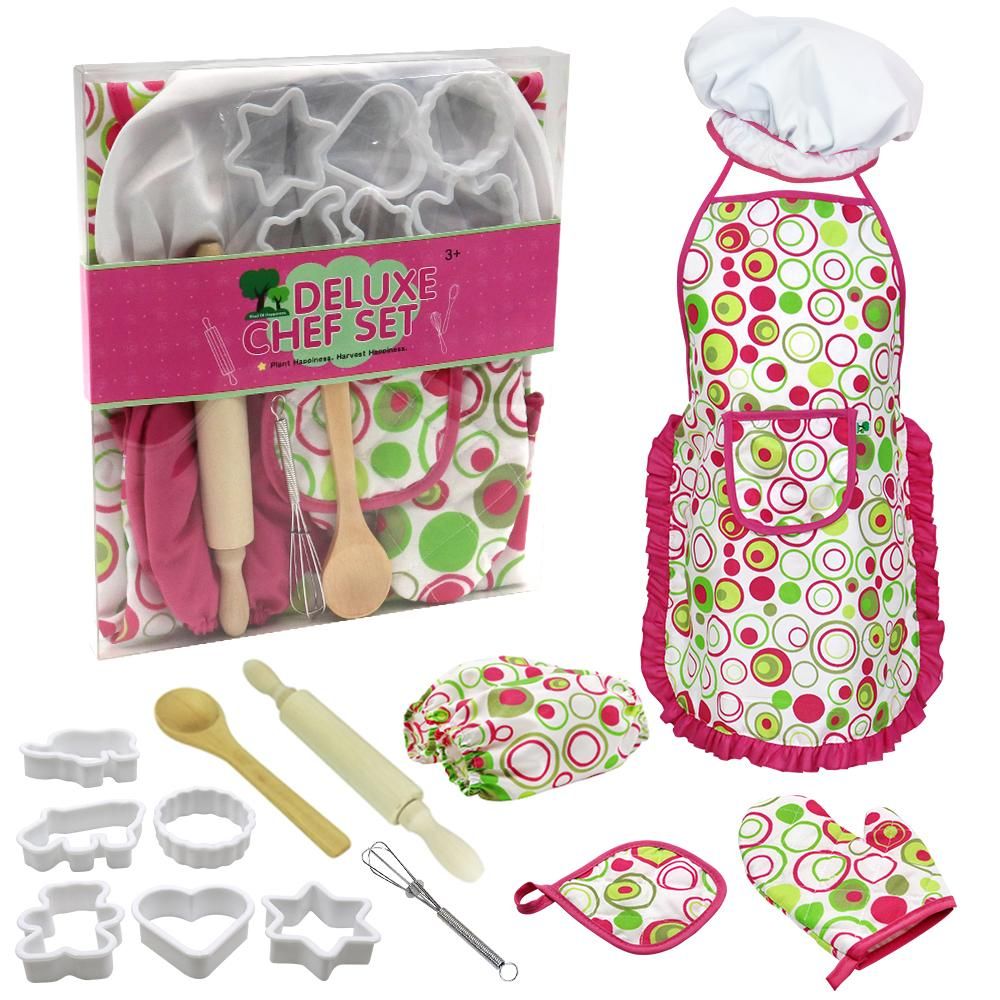 Kids Cooking and Baking Set 15 PCS with Chef Hat Apron Oven Mitt Oversleeves Kitchen Utensils Children Chef Role Playset Educational Gift for Girls (Pink)