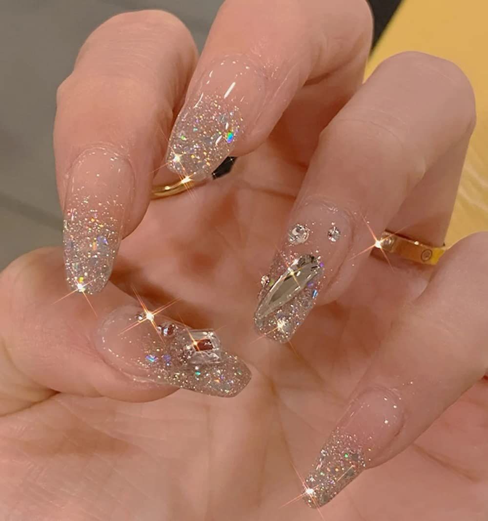 24Pcs Press On Nails Medium 3D Rhinestones Almond Fake Nails Glue On Nails False Nails