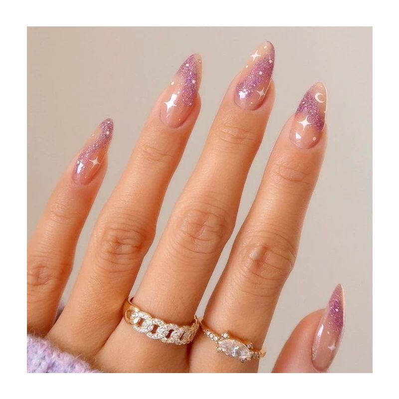 Purple Press On Nails Fake Nails Almond Cute Women's Bling False Nails 24Pcs