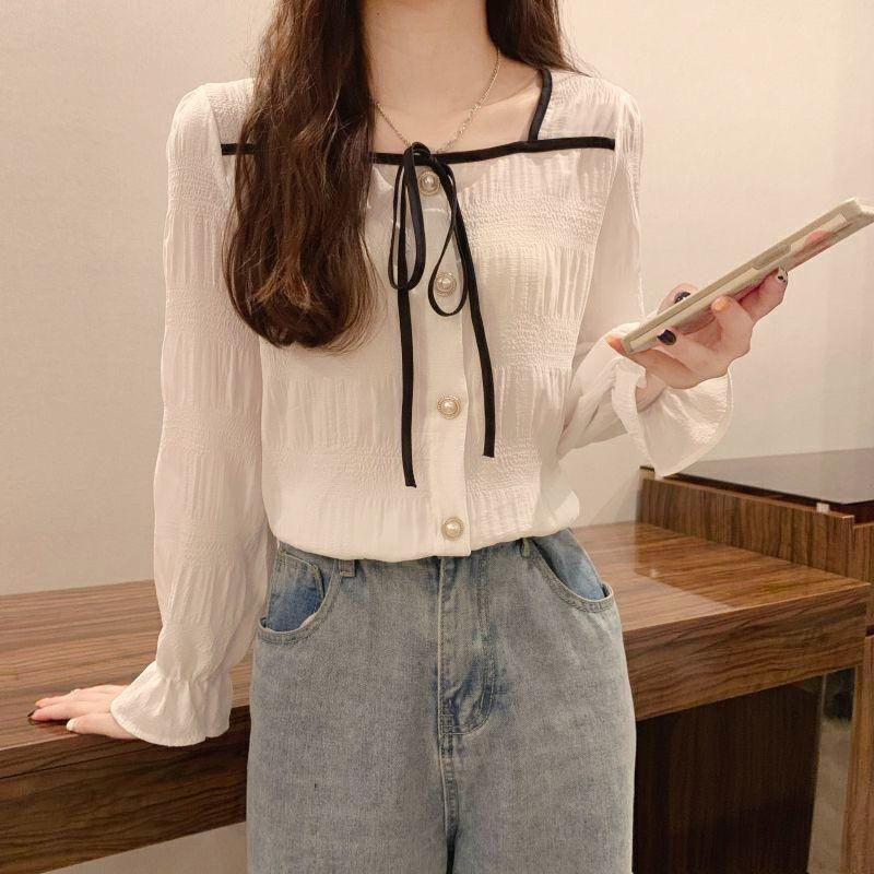 Square Collar Shirt Women's Fashionable Belly-Covering Elegant Western Style Slimming Bow Long-Sleeved Red All-Match Chiffon Shirt Top