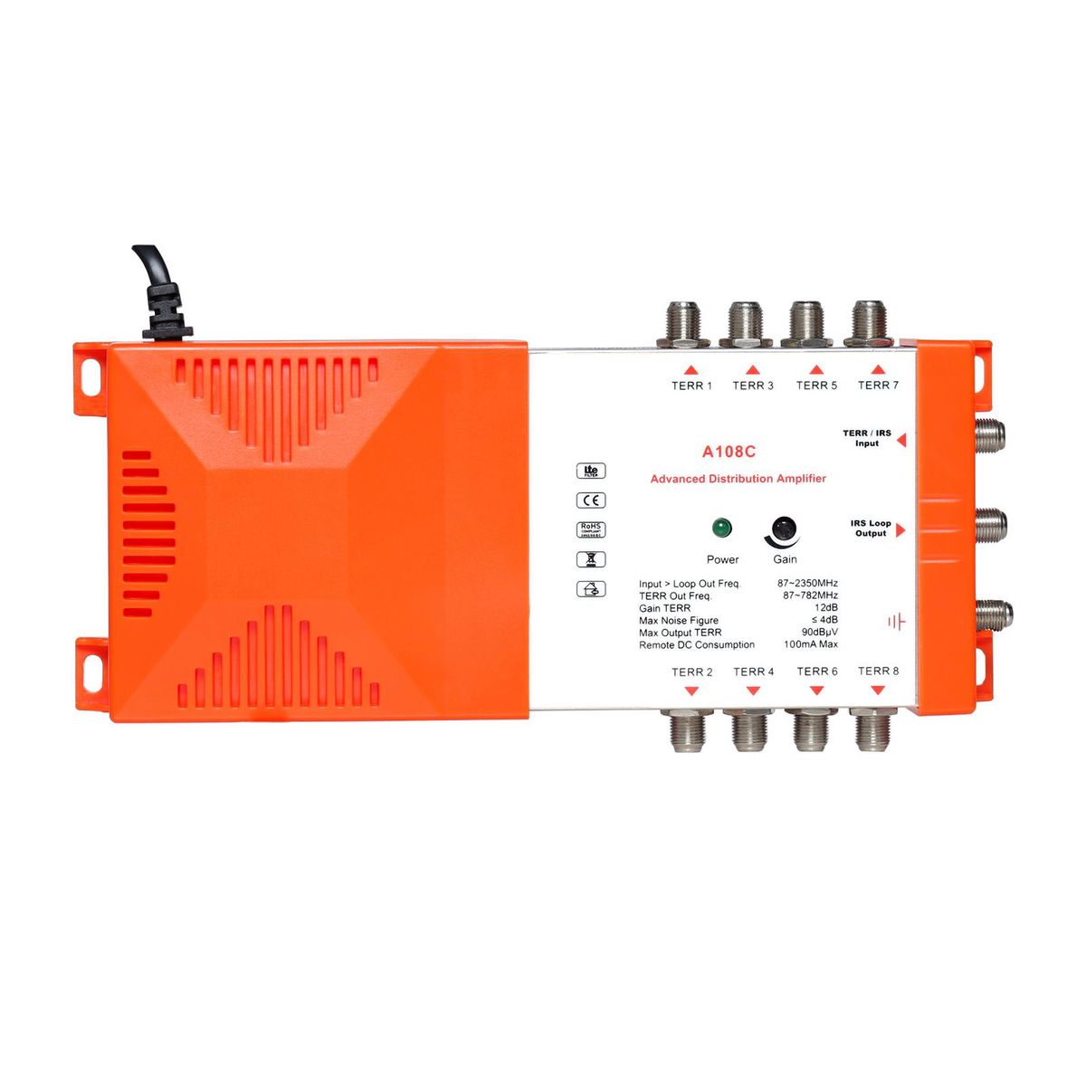 Professional 8 Way Distribution Amplifier with IRS Loop-through Terrestrial TV and Radio Distribution Amplifier 87-2350MHz TV Antenna Signal Booster Low Noise High Gain for Indoor Use