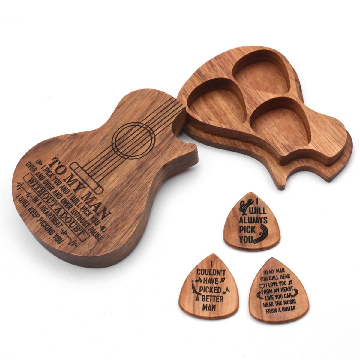 Wooden Guitar Pick Box Holder Guitar Shape 3 Compartments