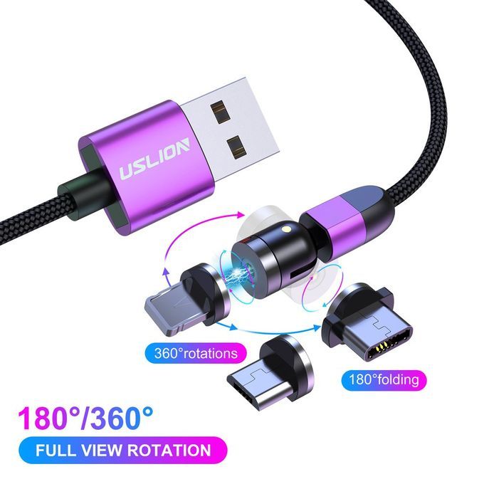 Double 360-degree Magneti   Able Magneti  Su Tion USB  Harging  Able 3-head Flash  Harging Data  Able For Android Type- -purple-1M Cable + Three Heads