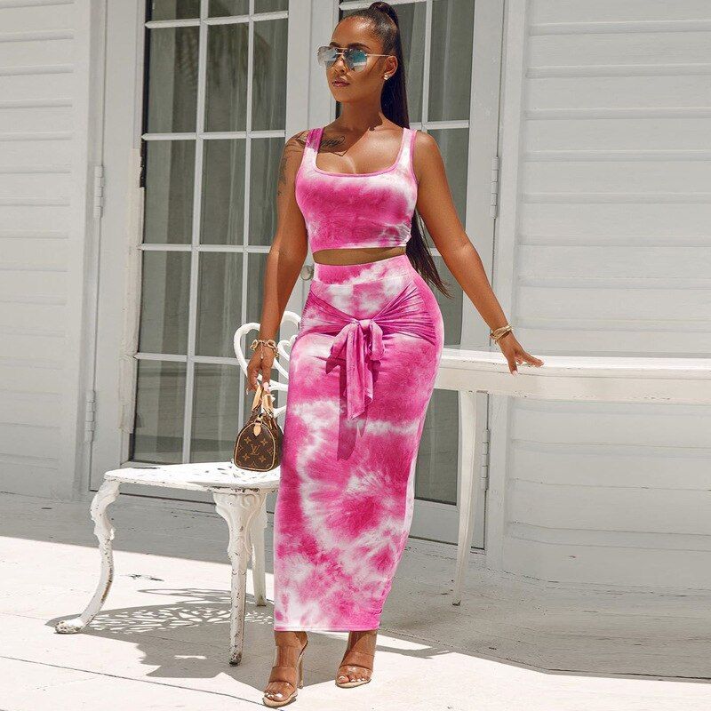 2 Pieces Suit Set Women Tie-Dye Print U-Neck Sleeveless Crop Top Long-Fuchsia