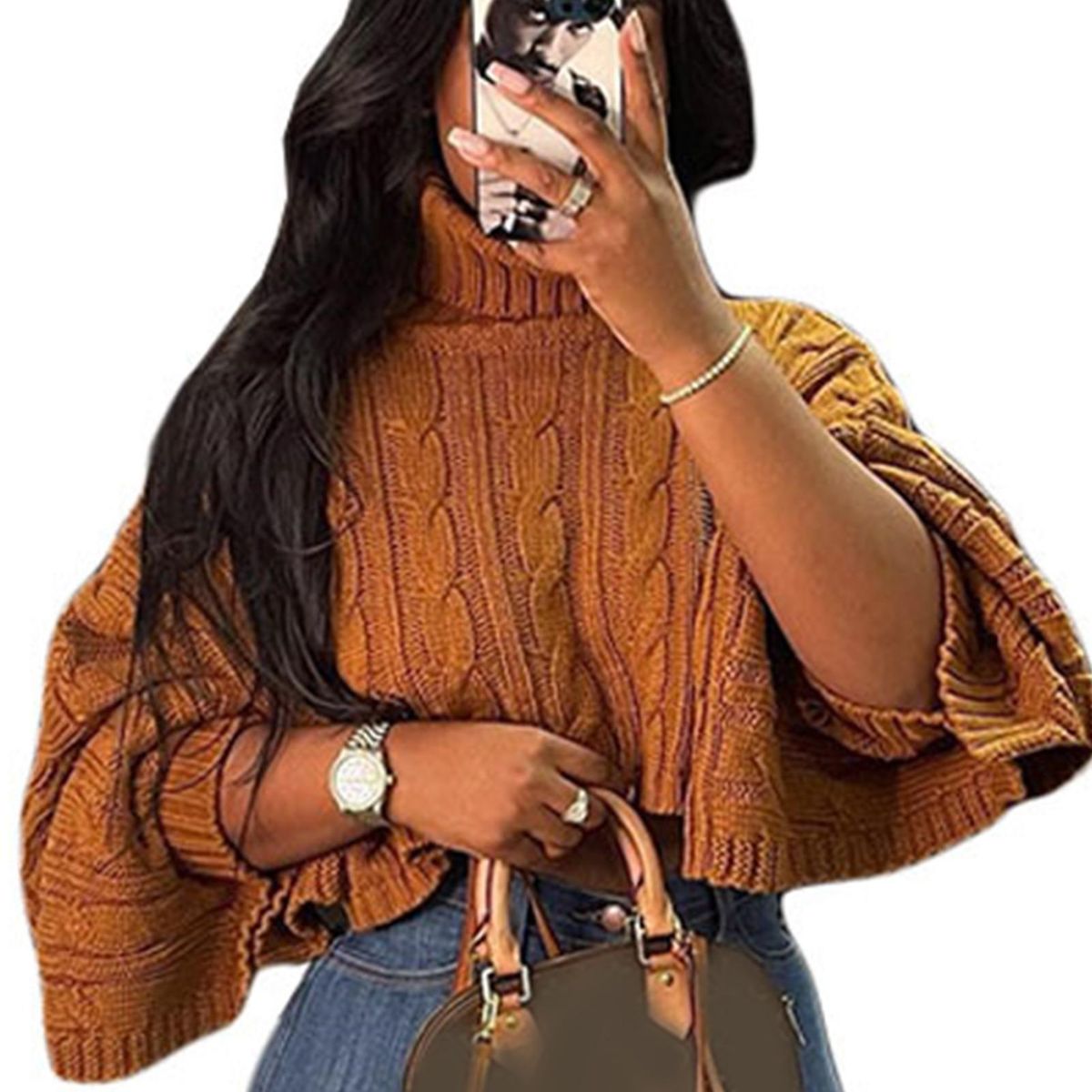 Women Sweater Shawl Loose Turtleneck Cropped Tops Female