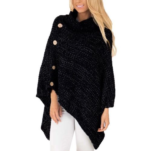 Sweater Women Autumn Winter Warm Outwear Loose Knit Turtle Neck Poncho Button Irregular Hem Pullover Sweater Casaco Feminino New(#Black)