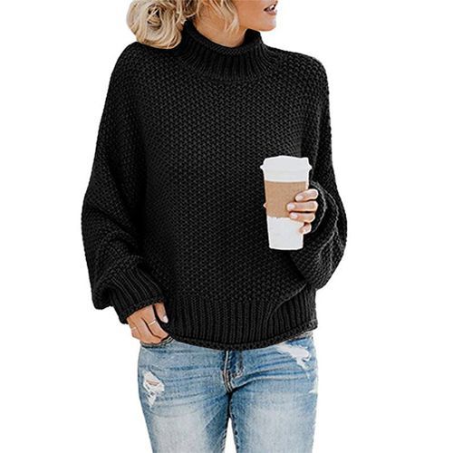 Tops Jumper Daily Winter Turtle Neck Oversized Women Sweater Solid Autumn Loose Knitted Pullover Casual Ladies Batwing Sleeve(#Black)