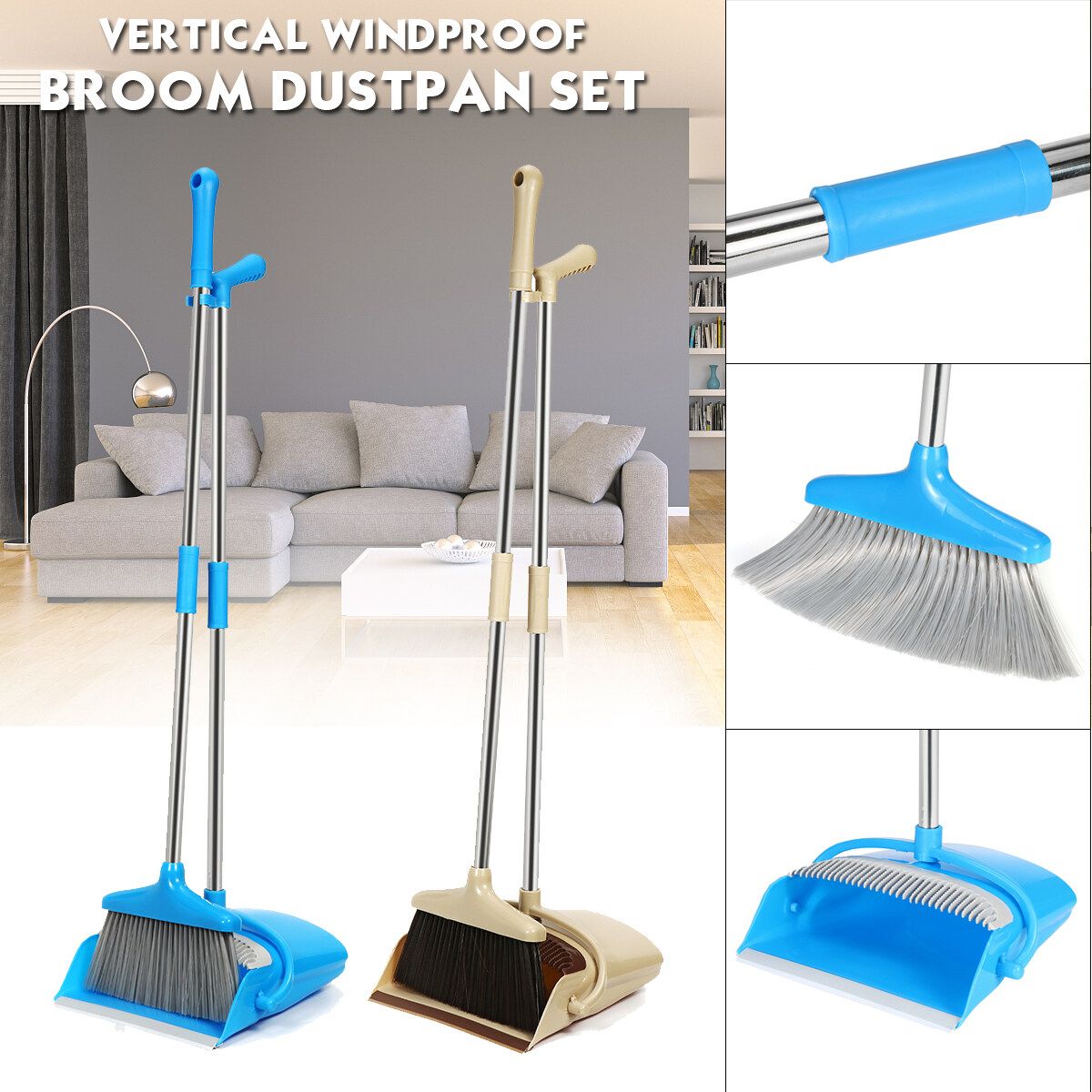 Windproof Broom And Dustpan Set Hair Suit Magic Broom Khaki