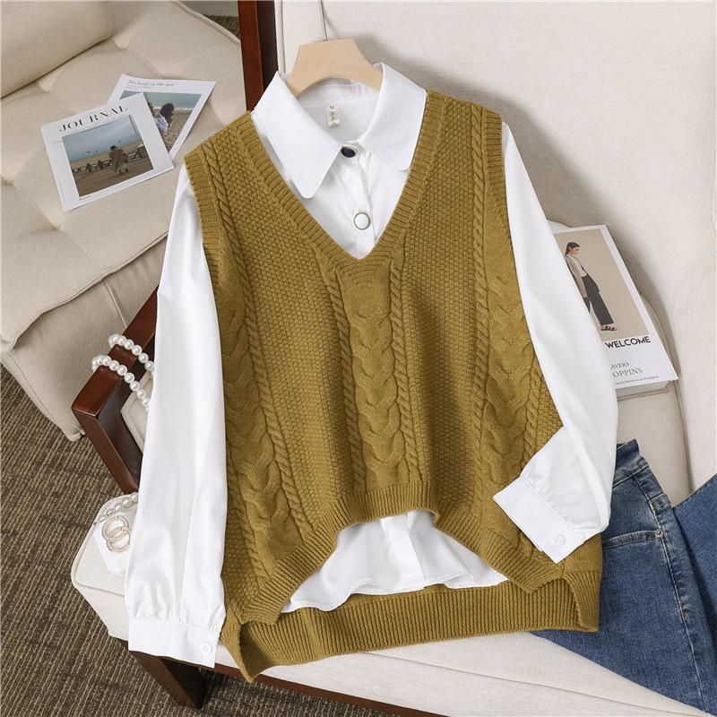 In the early autumn of 2022, the new Korean solid color Fried Dough Twists knitwear waistcoat V-neck