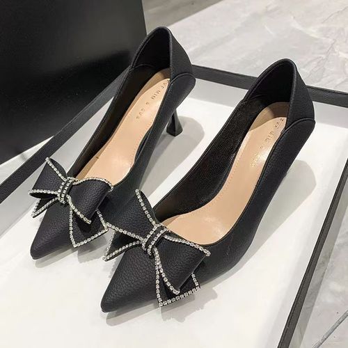 Bowknot Leather Stiletto High Heels -Black