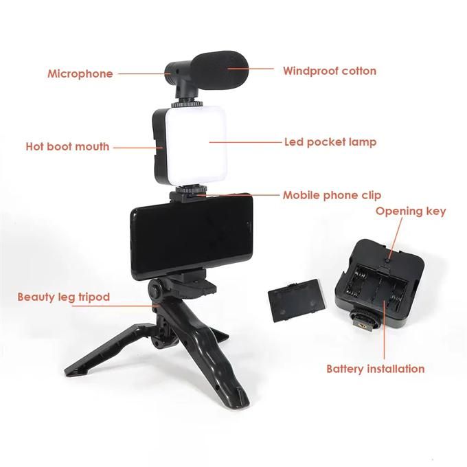 Mobile Phone Holder Smartphone Video Kit Microphone Video Light LED Selfie Stick Tripod Bluetooth Recording Handle Portable Stabilizer