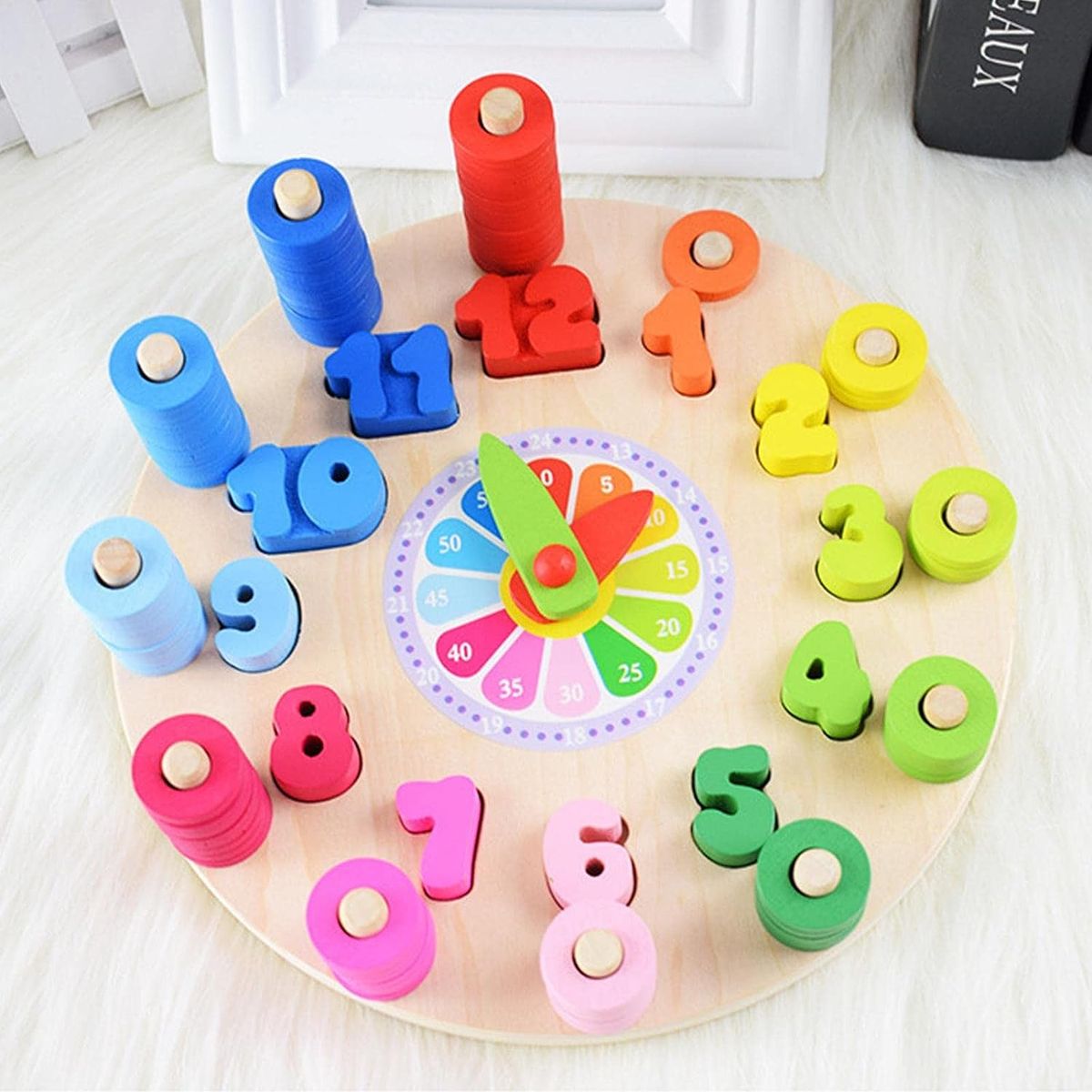 Kids Wooden Time Clock Teaching, Colour Sorting And Counting