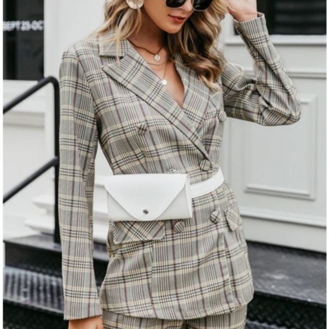 Women Double Breasted Plaid Casual Long Sleeve Office Blazer JACKET ONLY