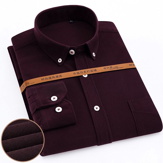 Men's Japan Style Autumn Casual Solid Corduroy Shirts Single Patch Pocket Comfortable Soft Long Sleeve Standard-fit Work Shirt Dark Red