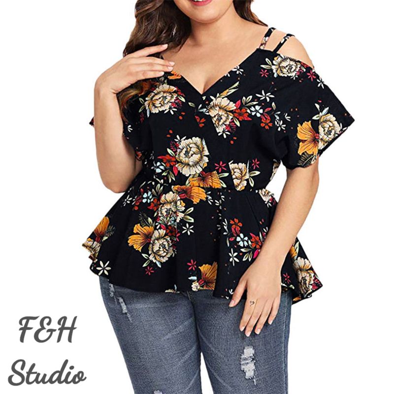 F&H 3617 XL-5XL Plus Size V Neck Printed Off Shoulder Blouse