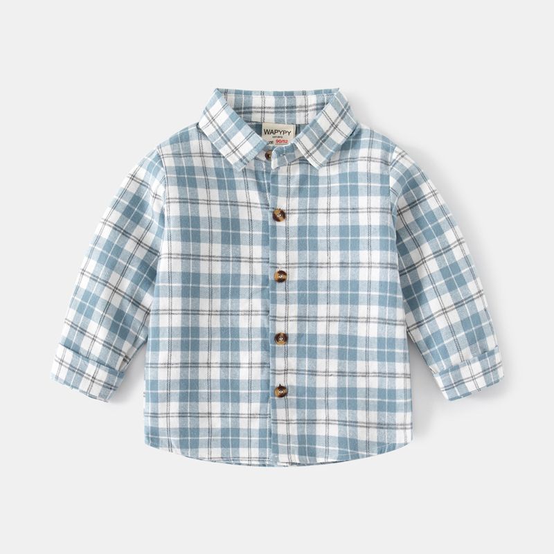 100% Cotton Kids Plaid Long Sleeve Boys Button-Down Shirts-Blue