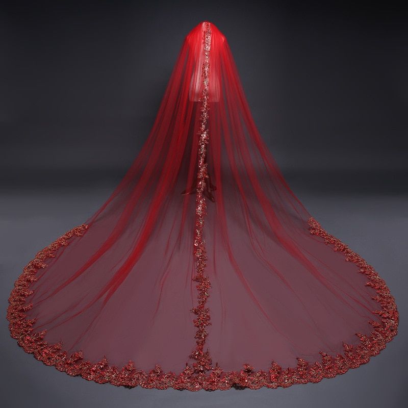 Red-New Arrival 3 Meter Cathedral Wedding Veils Long Lace Edge Bridal Red Veil