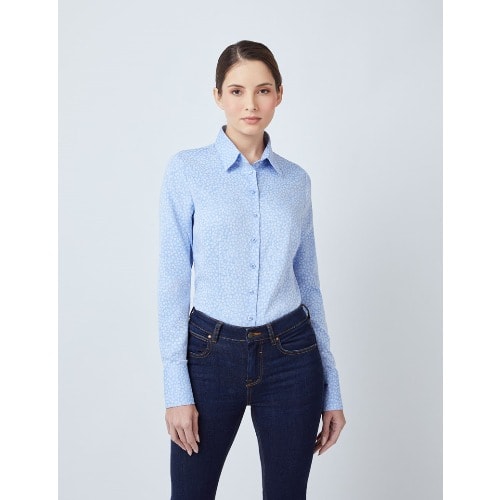 Women's Blue & White Dobby Floral Fitted Shirt