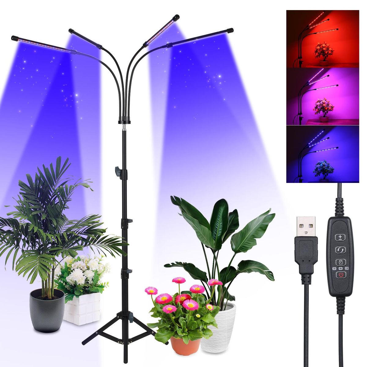 4-Headed LEDs Grow Light with Adjustable Tripod Stand Full Spectrum Plant Growing Lamp 10 Brightness Levels Red & Blue 3 Lighting Modes Timer Function 360° Flexible Hose for Seeding Flowering Fruiting