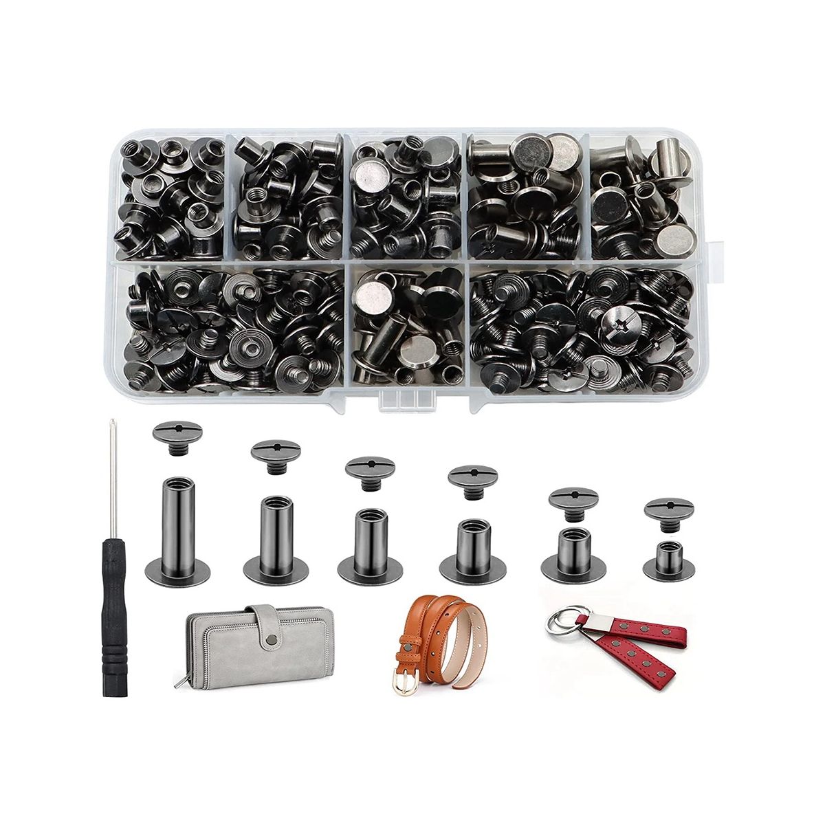150Sets Chicago Screws Assorted Kit6 Sizes Round Flat Head Leather Rivets Chicago Binding Screws for Decorate Black
