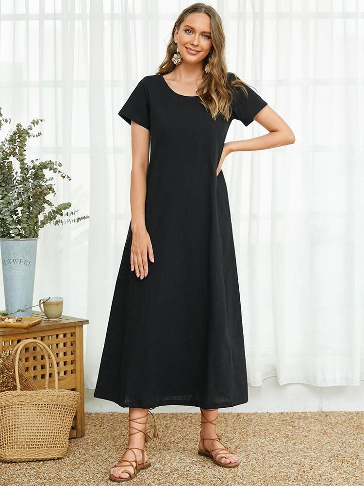 Round Neck Loose Fit Solid Short Sleeve Pocket Midi Dress