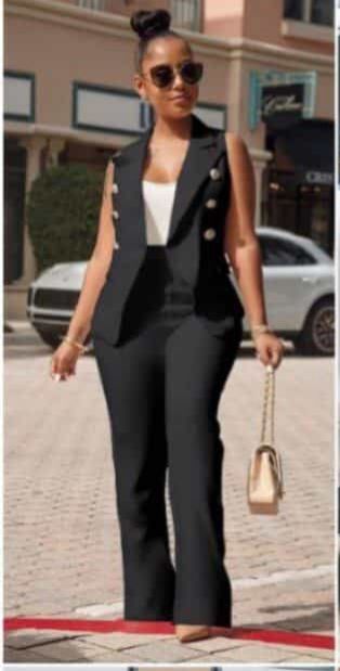 Double Breasted Sleeveless Blazer With High Waist Trouser-BLACK
