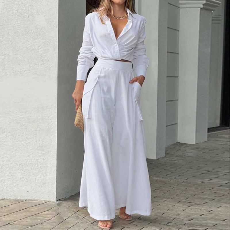 Long Sleeved Ruffle Turn Down Collar Shirts Short Pants Two Pieces Women's Sets