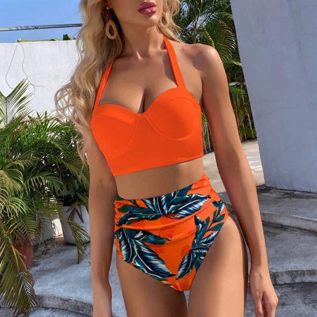 Sexy Women39;s Hard Bra Bag Bikini Leaf Printed Swimsuit High Waist Bikini Set