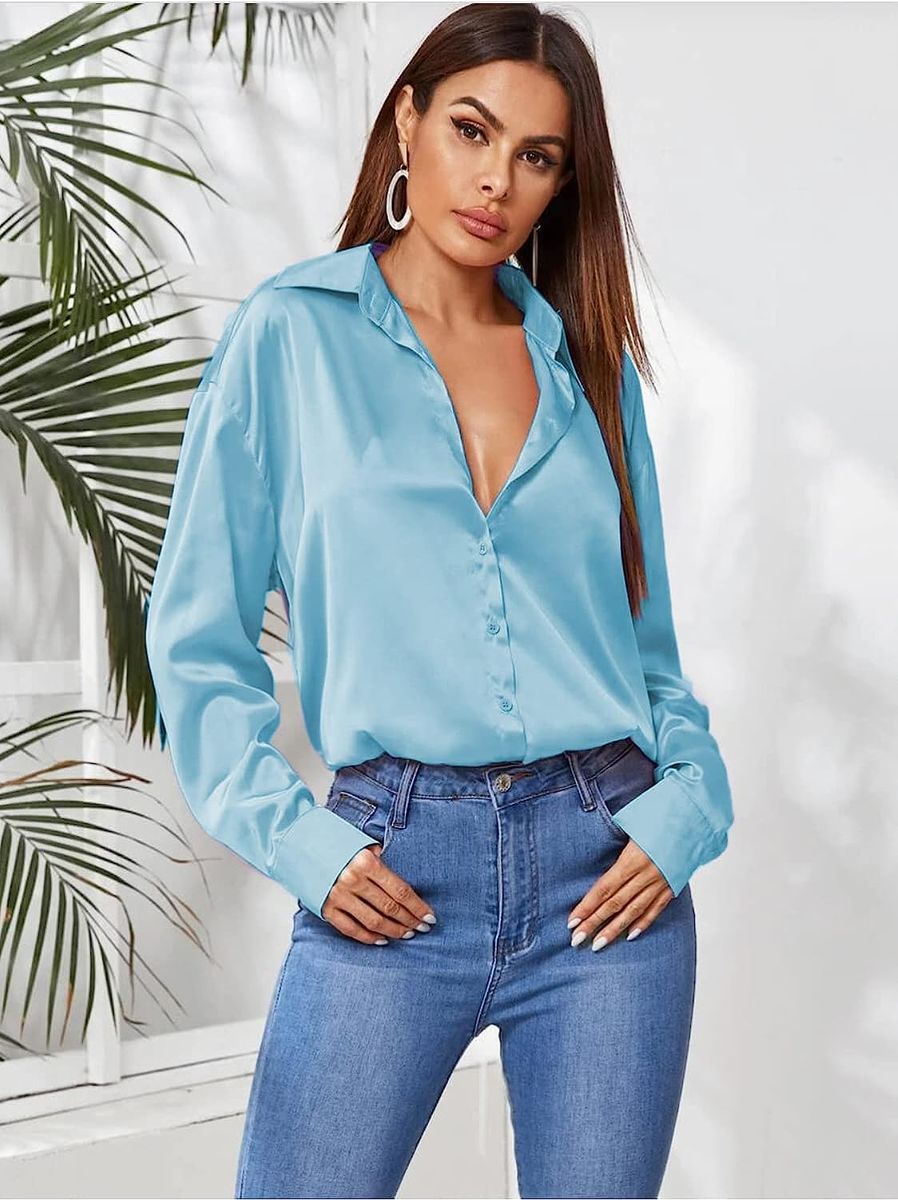 Light Blue  Button Down Satin Silk Shirt Long Sleeve Ladies Women Top Blouse