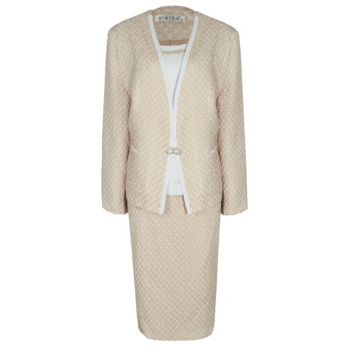 Ladies Floral Detailed 3-Piece Skirt Suit - White & Gold - Lss-4906