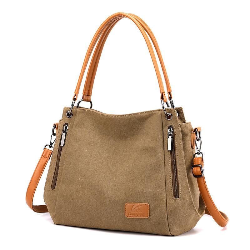 New Canvas Ladies Bag Shoulder Bag with Leather Diagonal Backpack Large Capacity Commuter Tote Bag Handbag Brown