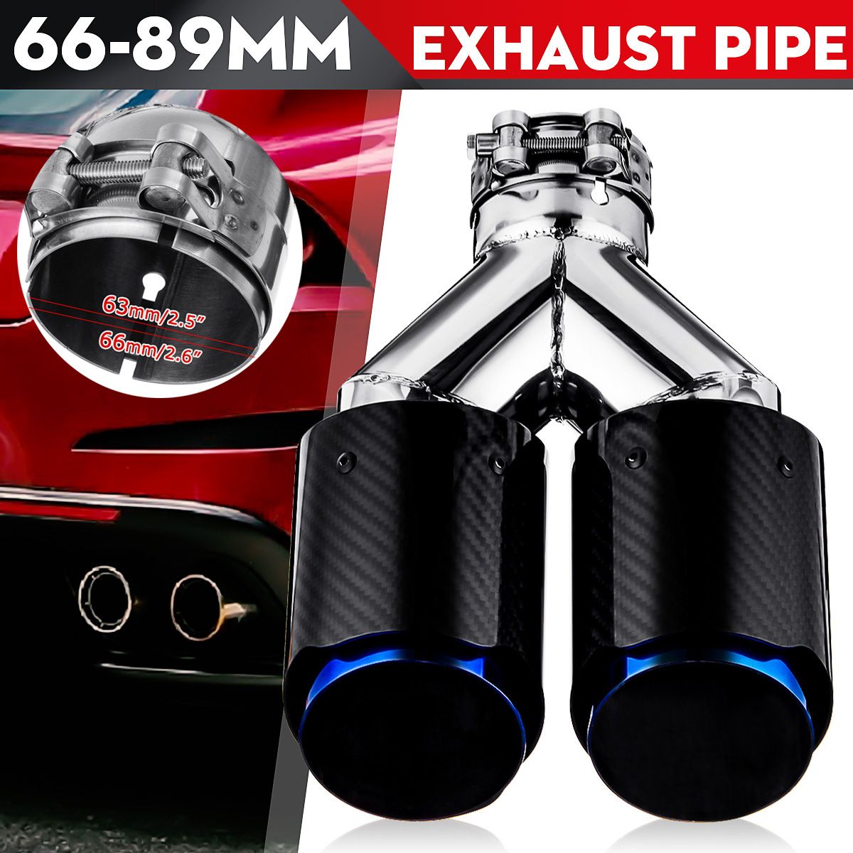 66mm Inlet 89mm Outlet Glossy Carbon Fiber Dual Exhaust Pipe Tail Muffler Tip
