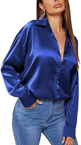 New Women Ladies Satin Silk Long Sleeve Button Down Top Blouse Shirt -Royal Blue