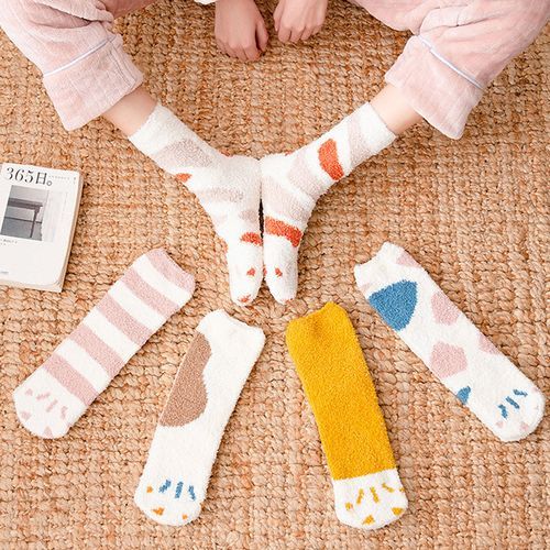 Women Autumn Winter Coral Velvet Socks Cartoon Cat Paw Socks 5 Pairs