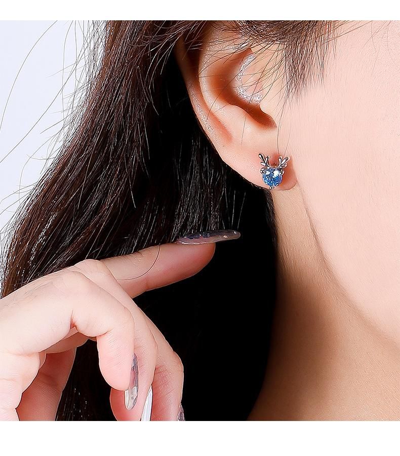 S999 Sterling Silver Deer Horn Blue Zirconia Earrings One Deer Has You Zircon Earstuds Female
